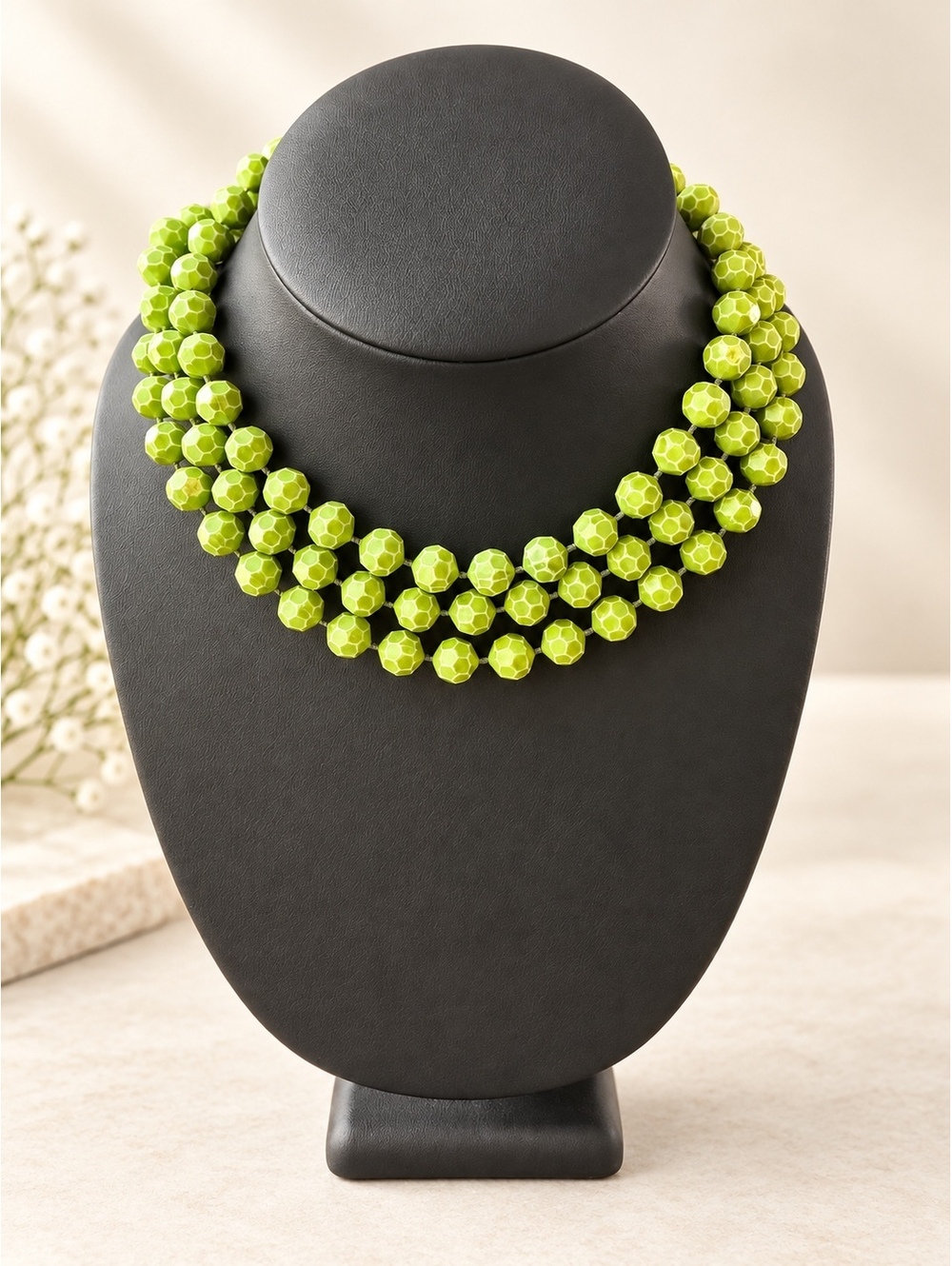 Vintage 50s West German Green Honeycomb Faceted Molded Plastic Bead Necklace 48”